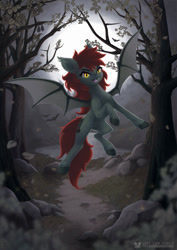 Size: 935x1323 | Tagged: safe, artist:calena, oc, oc:hattrick, bat pony, bat pony oc, commission, dead tree, eyelashes, female, female oc, flying, forest, lake, leaves, mare, mare oc, moon, nature, outdoors, poster, scary, solo, tree, unshorn fetlocks, water