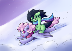 Size: 2922x2066 | Tagged: safe, artist:coco-drillo, rainbowshine, oc, oc:filly anon, earth pony, pegasus, pony, g4, 4chan, clothes, duo, female, filly, hill, looking at you, messy mane, outdoors, scarf, sleigh, snow, snowboarding