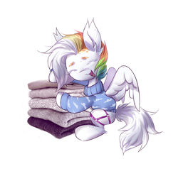 Size: 1694x1678 | Tagged: safe, artist:khvorost162, oc, oc only, pegasus, pony, clothes, commission, ear fluff, multicolored hair, rainbow hair, simple background, solo, sweater, tail, white background, white tail, white wings, wings