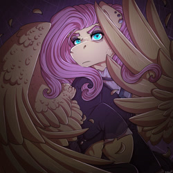 Size: 1000x1000 | Tagged: safe, artist:binibean, fluttershy, pegasus, pony, g4, feather, female, fluttergoth, large wings, looking at you, mare, solo, wings