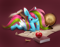 Size: 4000x3144 | Tagged: safe, artist:khvorost162, oc, oc only, pegasus, apple, book, food, globe, pile of books, solo, trade, wings, 🍎