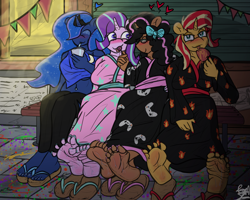 Size: 5000x4000 | Tagged: safe, artist:fetishsketches, princess luna, starlight glimmer, sunset shimmer, oc, oc:alex, alicorn, unicorn, anthro, plantigrade anthro, g4, barefoot, commission, crossdressing, digital art, feet, female, horn, male, outdoors