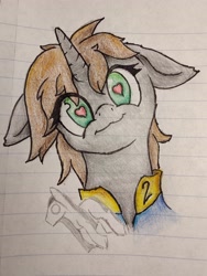 Size: 3072x4096 | Tagged: artist needed, safe, oc, oc only, oc:littlepip, pony, unicorn, fallout equestria, 4chan, bust, clothes, female, floppy ears, head tilt, heart, heart eyes, horn, jumpsuit, lined paper, looking at you, mare, solo, traditional art, vault suit, wingding eyes