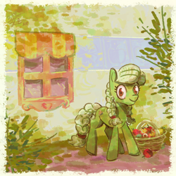 Size: 3200x3200 | Tagged: safe, artist:boxwari, granny smith, earth pony, pony, apple, basket, female, food, high res, looking at you, mare, missing accessory, outdoors, passepartout, smiling, smiling at you, solo, window, young granny smith, younger