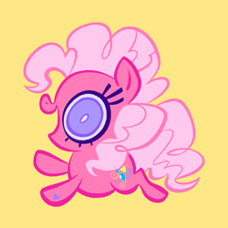 Size: 2048x2048 | Tagged: safe, artist:janegumball, pinkie pie (g3), earth pony, pony, g3, chibi, female, high res, looking at you, mare, open mouth, open smile, simple background, smiling, smiling at you, solo, white pupils, yellow background