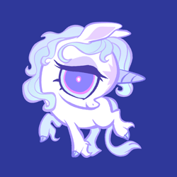 Size: 2048x2048 | Tagged: safe, artist:janegumball, classical unicorn, pony, unicorn, big eyes, blue background, chibi, cloven hooves, female, horn, lady amalthea, leonine tail, long feather, looking at you, mare, simple background, smiling, smiling at you, solo, standing on two hooves, the last unicorn, turned head, unshorn fetlocks, white pupils