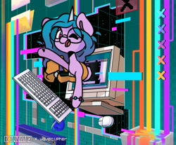 Size: 817x677 | Tagged: safe, artist:ronin20181, artist:wavecipher, izzy moonbow, pony, unicorn, g5, '90s, collaboration, computer, computer mouse, female, horn, mare, monitor, one eye closed, solo, trippy, vaporwave, wink