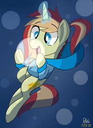 Size: 1461x2000 | Tagged: safe, artist:notadeliciouspotato, oc, oc only, oc:soft light, pony, unicorn, clothes, hoodie, horn, light, magic, male, open mouth, open smile, smiling, solo, stallion