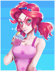 Size: 772x1000 | Tagged: safe, artist:the-park, pinkie pie, human, equestria girls, equestria girls specials, g4, my little pony equestria girls: spring breakdown, bare shoulders, collarbone, drink, drinking, drinking straw, female, glasses, human coloration, passepartout, skinny, sleeveless, solo, sternocleidomastoid, thin