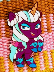 Size: 1704x2273 | Tagged: safe, artist:amynewblue, opaline arcana, alicorn, g5, antagonist, enamel pin, photo, solo, unshorn fetlocks