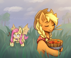 Size: 1900x1550 | Tagged: safe, artist:moewwur, artist:rin-mandarin, applejack, fluttershy, bat pony, earth pony, pony, g4, alternate hairstyle, apple, applejack's hat, basket, bat ponified, braid, carrying, clothes, cowboy hat, cute, duo, duo female, eyes closed, female, field, flutterbat, food, freckles, hat, jackabetes, lesbian, mare, race swap, ship:appleshy, shipping, shocked, smiling, spread wings, straw in mouth, sun, sunlight, tall grass, tree, wide eyes, wings