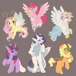 Size: 2048x2048 | Tagged: safe, artist:paperstarzz, applejack, fluttershy, pinkie pie, rainbow dash, rarity, twilight sparkle, breezie, changedling, changeling, dragon, griffon, hippogriff, kirin, g4, beak, breeziefied, changedlingified, changelingified, dragonified, female, flutterbreez, griffonized, grin, hippo pie, hippogriffied, kirin applejack, kirin-ified, mane six, open beak, open mouth, open smile, rainbow griffon, raridragon, smiling, species swap, tongue out, twiling