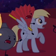 Size: 234x233 | Tagged: safe, artist:animationepic, edit, edited screencap, screencap, derpy hooves, pegasus, pony, g4, bomb, bomb (inanimate insanity), cropped, fan (inanimate insanity), inanimate insanity, low quality, needs more jpeg, night, object, open mouth, trio, weapon, wings