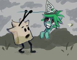 Size: 713x554 | Tagged: source needed, safe, artist:saltycube, oc, oc:pisty, pony, barf bag, barf bag (battle for dream island), battle for dream island, duo, eyelashes, gritted teeth, hat, object, open mouth, party hat, smiling, teeth