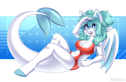 Size: 4500x2907 | Tagged: safe, artist:madelinne, oc, oc only, oc:spicy mint, original species, shark, shark pony, anthro, bat wings, belly, belly button, clothes, fangs, female, fish tail, looking at you, mare, one-piece swimsuit, open mouth, open smile, partially open wings, shark tail, smiling, smiling at you, solo, swimsuit, tail, wings