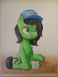 Size: 3000x4000 | Tagged: safe, artist:zocidem, oc, oc only, oc:filly anon, earth pony, pony, cap, female, filly, hat, jar, sitting, solo