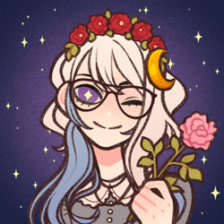 Size: 600x600 | Tagged: safe, oc, oc only, oc:altersmay earth, human, clothes, female, flower, flower in hair, glasses, humanized, jewelry, looking at you, multicolored hair, necklace, one eye closed, picrew, planet ponies, ponified, rose, smiling, smiling at you, solo, space, space ponies, starry eyes, stars, wingding eyes, wink, winking at you