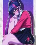 Size: 1024x1280 | Tagged: safe, artist:masterdestroyzj, sci-twi, twilight sparkle, human, equestria girls, g4, anime style, blushing, clothes, eyebrows, eyebrows visible through hair, female, glasses, gradient background, knee blush, legs, looking at you, multicolored hair, necktie, outline, ponytail, scrunchie, shadow, sitting, skirt, smiling, smiling at you, solo, watermark