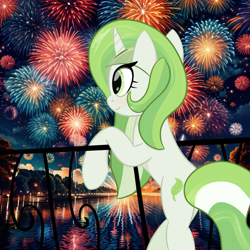 Size: 2048x2048 | Tagged: safe, ai assisted, artist:lunabird, oc, oc only, oc:lunabird, unicorn, cute, fireworks, green eyes, green mane, horn, night, outdoors, rear view, solo, standing