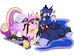 Size: 4000x3000 | Tagged: safe, artist:virmir, princess cadance, princess luna, alicorn, human, pony, g4, belly, clothes, duo, furry, furry to pony, grin, gritted teeth, high res, hoof shoes, human to pony, simple background, sitting, smiling, sunglasses, sweat, sweatdrops, teeth, torn clothes, transformation, transparent background