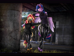 Size: 7200x5400 | Tagged: safe, artist:imafutureguitarhero, sci-twi, sunset shimmer, twilight sparkle, alicorn, classical unicorn, unicorn, anthro, unguligrade anthro, g4, 3d, :3, absurd file size, absurd resolution, adidas, alicornified, arm fluff, arm freckles, armpit fluff, armpits, belt, black bars, boots, bridge, cheek fluff, chin fluff, chromatic aberration, claws, clothes, cloven hooves, collar, colored eyebrows, colored eyelashes, colored wings, dork, drawstrings, duo, ear fluff, ear freckles, evening gloves, female, film grain, fingerless elbow gloves, fingerless gloves, floppy ears, fluffy, fluffy hair, fluffy mane, fluffy tail, freckles, fur, glasses, glasses off, glasses on head, gloves, grass, grin, height difference, hoodie, horn, latex, latex clothes, latex gloves, latex mask, latex pants, leaning on someone, leonine tail, lesbian, letterboxing, long gloves, looking at you, mare, mask, menacing, multicolored hair, multicolored mane, multicolored tail, neck fluff, night, nose wrinkle, one ear down, one eye closed, outdoors, peppered bacon, race swap, revamped anthros, revamped ponies, road, road sign, sci-twilicorn, shiny, ship:sci-twishimmer, ship:sunsetsparkle, shipping, shoes, short, shortstack, shoulder fluff, shoulder freckles, signature, skintight clothes, sky, smiling, smiling at you, snow, source filmmaker, street, tail, tank top, tree, twilight sparkle (alicorn), two toned wings, unshorn fetlocks, wall of tags, wing fluff, wing freckles, wings, wink, winking at you