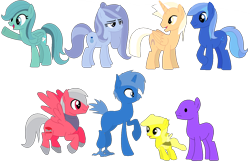 Size: 1420x924 | Tagged: safe, artist:meghan12345, alicorn, earth pony, hybrid, pegasus, pony, unicorn, g4, bandana, battle for dream island, changeling pony, colored hooves, dot eyes, female, folded wings, foldy (battle for dream island), four (battle for dream island), genderless, group, hooves, horn, lidded eyes, liy (battle for dream island), loser (battle for dream island), male, mare, no mane, no tail, open mouth, open smile, parrot pony, ponified, raised hoof, simple background, smiling, spread wings, stallion, stapy (battle for dream island), transparent background, wings, x (battle for dream island)