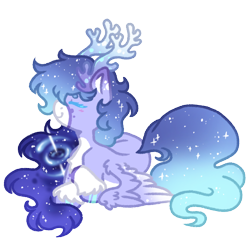 Size: 1000x1000 | Tagged: safe, artist:kazmuun, oc, oc only, oc:frosted galaxy, pegasus, pony, antlers, beanbrows, blue eyelashes, blue mane, blue tail, blush lines, blushing, chibi, coat markings, colored, colored antlers, colored belly, colored eartips, colored eyebrows, colored eyelashes, colored hooves, colored lineart, colored muzzle, colored pinnae, colored wings, colored wingtips, commission, crossed hooves, ethereal mane, eyebrows, eyes closed, female, female oc, flat colors, galaxy mane, galaxy tail, gradient antlers, gradient ears, gradient wings, gradient wingtips, hooves, lavender coat, leg markings, long mane, long tail, lying down, mare, mare oc, mismatched mane and tail, pale belly, pale muzzle, pegasus oc, profile, prone, purple coat, purple hooves, shiny eyelashes, shiny hooves, signature, simple background, smiling, socks (coat markings), solo, starry mane, starry tail, tail, transparent background, two toned wings, unshorn fetlocks, wavy mane, wavy tail, white muzzle, white wingtips, wing fluff, wing markings, wings, wings down