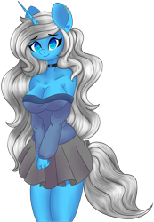 Size: 1421x2048 | Tagged: safe, artist:starsongdusk, oc, oc only, oc:starsong dusk, unicorn, anthro, bare shoulders, blue eyes, breasts, cleavage, horn, simple background, solo, transparent background