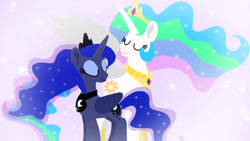 Size: 1280x720 | Tagged: safe, artist:mlplary6, princess celestia, princess luna, alicorn, pony, g4, crown, cute, cutelestia, duo, duo female, eyes closed, eyeshadow, female, jewelry, looking at each other, looking at someone, lunabetes, makeup, mare, regalia, royal sisters, siblings, sisters, smiling, smiling at each other, spread wings, wings