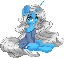 Size: 2048x1857 | Tagged: safe, artist:starsongdusk, oc, oc only, unicorn, blue eyes, clothes, horn, simple background, sitting, solo, sweater, tail, transparent background, white mane, white tail