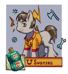 Size: 797x866 | Tagged: safe, artist:ju4111a, part of a set, earth pony, pony, angry, axe, clothes, hoof fluff, horseshoes, lightning, looking at you, mouthwashing (game), nut, passepartout, ponified, shirt, solo, swansea (mouthwashing), t-shirt, wrench, wrinkles