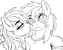 Size: 1287x1024 | Tagged: safe, artist:lambdaplex, rainbow dash, oc, oc:lambda(lambdaplex), anthro, g4, my little pony: friendship is magic, bedroom eyes, black and white, chest fluff, clothes, colorless, couple, cute, female, grayscale, hoodie, looking at someone, looking at you, looking up, love, male, monochrome, shirt, simple background, sketch, straight, strong, white background, wide eyes