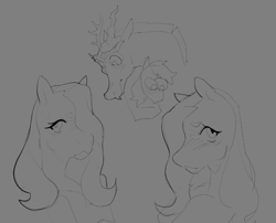 Size: 975x789 | Tagged: safe, artist:cowhour, big macintosh, discord, fluttershy, draconequus, earth pony, pegasus, anthro, g4, bust, female, grayscale, male, monochrome, portrait, sketch, trio