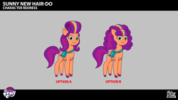 Size: 2844x1602 | Tagged: safe, lil critter workshop, sunny starscout, earth pony, pony, g5, magic mirror (episode), my little pony: tell your tale, leak, spoiler:g5, spoiler:my little pony: tell your tale, spoiler:tyts02e32, .ai available, .psd available, alternate hairstyle, colored, concept art, female, mane stripe sunny, mare, my little pony logo, poofy mane, solo, vector