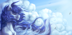 Size: 2755x1337 | Tagged: safe, artist:raychelrage, oc, oc only, oc:rachel rage, pony, bust, cloud, detailed, eyes closed, outdoors, sky, smiling, solo, windswept mane