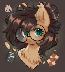 Size: 1707x1896 | Tagged: safe, artist:pledus, oc, oc only, oc:nixie tube, bat pony, earth pony, hybrid, wingless bat pony, :o, bust, chest fluff, coat markings, commission, dappled, ear fluff, female, glasses, open mouth, portrait, wingless