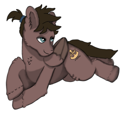 Size: 807x743 | Tagged: safe, artist:visserex52, oc, oc only, oc:dustwing, pegasus, brown coat, brown mane, chest fluff, ear fluff, fetlock tuft, looking up, lying down, ponytail, simple background, solo, transparent background, turquoise eyes, wings