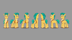 Size: 5702x3208 | Tagged: safe, lil critter workshop, hitch trailblazer, earth pony, pony, g5, magic mirror (episode), my little pony: tell your tale, leak, spoiler:g5, spoiler:my little pony: tell your tale, spoiler:tyts02e32, alternate hairstyle, concept art, download at source, downloadable, green mane, green tail, male, stallion, tail, toon boom, turnaround, unshorn fetlocks, yellow coat