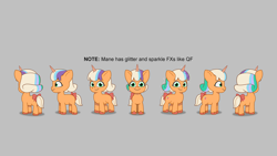 Size: 4096x2304 | Tagged: safe, lil critter workshop, peach fizz, pony, unicorn, g5, magic mirror (episode), my little pony: tell your tale, leak, spoiler:g5, spoiler:my little pony: tell your tale, spoiler:tyts02e32, alternate hairstyle, concept art, cyan eyes, download at source, downloadable, filly, foal, horn, mare, orange coat, pippsqueaks, sparkles, sparkly mane, tail, three toned mane, three toned tail, toon boom, turnaround, unshorn fetlocks