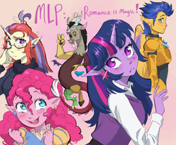 Size: 1700x1400 | Tagged: safe, artist:abbytabbys, discord, flash sentry, moondancer, pinkie pie, twilight sparkle, draconequus, human, g4, alternate universe, anime style, armor, clothes, collared shirt, colored eyebrows, curly hair, cutie mark accessory, cutie mark earrings, ear piercing, earring, elf ears, eyebrows, eyebrows visible through hair, eyelashes, facial hair, female, floating wings, frown, glasses, gradient background, horn, horned humanization, humanized, jewelry, male, one eye closed, peace sign, piercing, pink text, pony coloring, puffy sleeves, romance is magic, royal guard, royal guard armor, shiny hair, shirt, sweater, sweater vest, three toned hair, tied hair, white shirt, wing ears, winged humanization, wings, wink