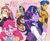 Size: 1700x1400 | Tagged: safe, artist:abbytabbys, discord, flash sentry, moondancer, pinkie pie, twilight sparkle, draconequus, human, g4, armor, clothes, ear piercing, earring, elf ears, female, floating wings, glasses, horn, horned humanization, humanized, jewelry, male, one eye closed, peace sign, piercing, sweater, wing ears, winged humanization, wings, wink