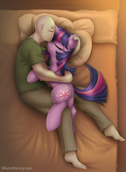 Size: 4134x5616 | Tagged: safe, artist:maretheory.exe, edit, twilight sparkle, oc, oc:anon, human, pony, unicorn, g4, affection, bed, cuddling, cuddling in bed, cute, ear fluff, ear scratch, eyes closed, female, horn, hug, hugging a pony, human on pony snuggling, in bed, indoors, male, mare, sleeping, smiling, snuggling, twiabetes, unicorn twilight