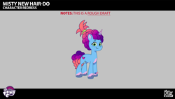 Size: 2844x1602 | Tagged: safe, lil critter workshop, misty brightdawn, pony, unicorn, g5, magic mirror (episode), my little pony: tell your tale, leak, spoiler:g5, spoiler:my little pony: tell your tale, spoiler:tyts02e32, blue coat, coat markings, concept art, curls, curly mane, curly tail, female, gradient mane, green eyes, horn, mare, rebirth misty, socks (coat markings), tail, unshorn fetlocks