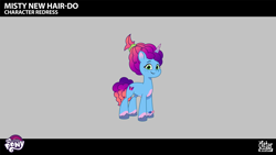 Size: 2844x1602 | Tagged: safe, lil critter workshop, misty brightdawn, pony, unicorn, g5, magic mirror (episode), my little pony: tell your tale, leak, spoiler:g5, spoiler:my little pony: tell your tale, spoiler:tyts02e32, blue coat, coat markings, concept art, curls, curly mane, curly tail, female, gradient mane, green eyes, horn, mare, rebirth misty, socks (coat markings), tail, unshorn fetlocks