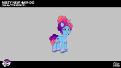 Size: 2844x1602 | Tagged: safe, lil critter workshop, misty brightdawn, pony, unicorn, g5, magic mirror (episode), my little pony: tell your tale, leak, spoiler:g5, spoiler:my little pony: tell your tale, spoiler:tyts02e32, blue coat, coat markings, curls, curly mane, curly tail, female, gradient mane, green eyes, horn, mare, rebirth misty, socks (coat markings), tail, unshorn fetlocks