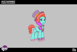 Size: 2330x1591 | Tagged: safe, lil critter workshop, jazz hooves, earth pony, pony, g5, magic mirror (episode), my little pony: tell your tale, leak, spoiler:g5, spoiler:my little pony: tell your tale, spoiler:tyts02e32, bowtie, clothes, cyan eyes, female, gradient mane, hat, looking at you, mare, pink hooves, smiling, smiling at you, unshorn fetlocks, vest