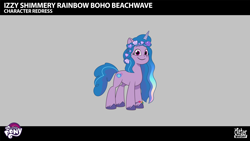 Size: 2844x1602 | Tagged: safe, lil critter workshop, izzy moonbow, pony, unicorn, g5, magic mirror (episode), my little pony: tell your tale, leak, spoiler:g5, spoiler:my little pony: tell your tale, spoiler:tyts02e32, alternate hairstyle, blue mane, blue tail, female, flower, gradient mane, horn, looking at you, mare, purple coat, purple eyes, purple hooves, smiling, smiling at you, tail