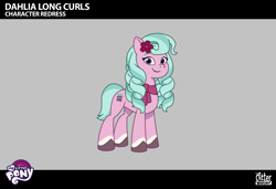 Size: 1920x1311 | Tagged: safe, lil critter workshop, dahlia, earth pony, pony, g5, magic mirror (episode), my little pony: tell your tale, leak, spoiler:g5, spoiler:my little pony: tell your tale, spoiler:tyts02e32, alternate hairstyle, blue mane, blue tail, clothes, coat markings, curls, curly mane, female, flower, looking at you, mare, pink coat, purple eyes, ringlets, scarf, smiling, smiling at you, socks (coat markings), tail, two toned mane, two toned tail, unshorn fetlocks