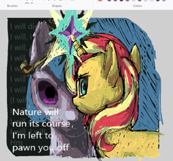 Size: 855x794 | Tagged: safe, artist:skypaw10, princess celestia, sunset shimmer, alicorn, pony, unicorn, g4, art program in frame, die your daughter, duo, female, horn, jewelry, lyrics, mare, ms paint, regalia, susannah joffe, text