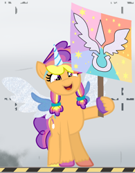 Size: 1094x1405 | Tagged: safe, artist:ghostpikachu, oc, oc only, oc:sunlight dancer, earth pony, pony, g5, my little pony: a new generation, alicorn costume, base used, canterlogic, clothes, costume, cute, fake alicorn, fake horn, fake wings, female, hair tie, hoof hold, mare, multicolored hair, multicolored mane, not sunny starscout, sign, solo, standing, testing area, unshorn fetlocks